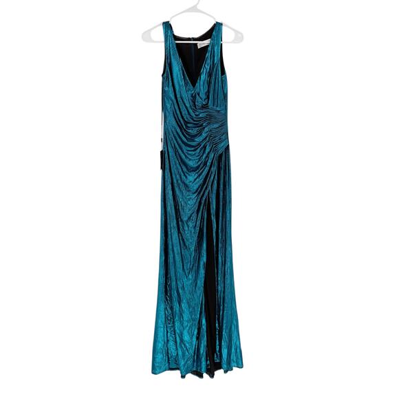 Mac Duggal Dresses & Skirts - MAC DUGGAL Dress Size XS NEW Metallic Ruched Front Slip V-Neck Teal Blue